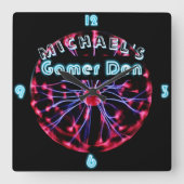 カスタムネオンクロックゲーマーデンプラズマボールゲームギーク スクエア壁時計 (正面)