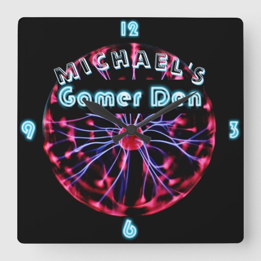 カスタムネオンクロックゲーマーデンプラズマボールゲームギーク スクエア壁時計 (正面)