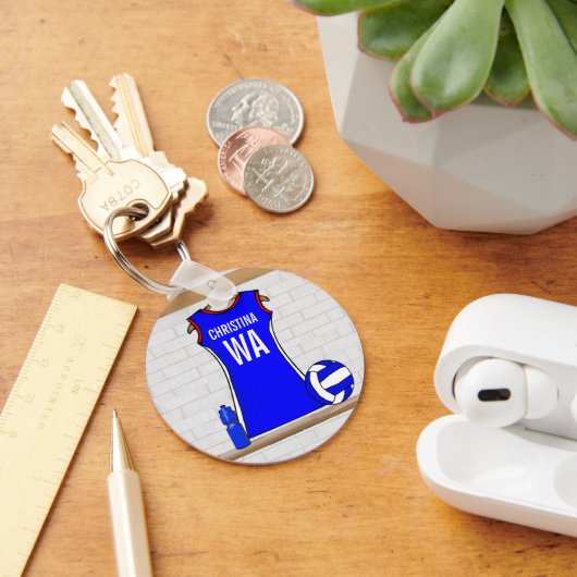 カスタムネットボールのユニフォーム赤と白ブルー キーホルダー (デスク)