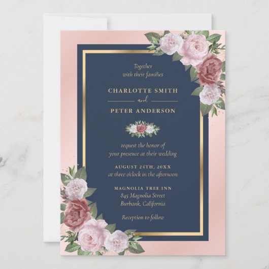 カスタムネービーブルー赤面ピンク金ゴールドフローラ結婚ズ 招待状 (正面)