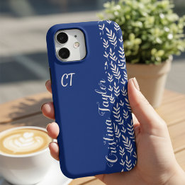 カスタムネームおしゃれネイビーブルー&サーモンピンクリーフ iPhone 16 PRO MAXケース
