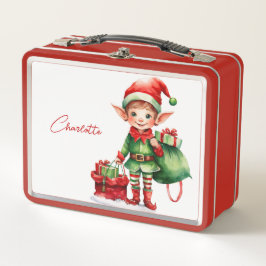 カスタムネームのクリスマスエルフとプレゼントの袋 メタルランチボックス
