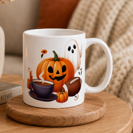 カスタムネームのハロウィンの幽霊とアメリカンフットボール コーヒーマグカップ