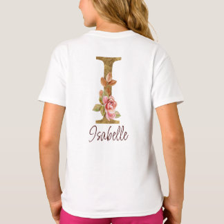 カスタムネームイニシャル I ゴールドフォイル ピンクバラ Tシャツ