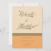 カスタムネームグリーン70年代ストライプ レトロウェディング セーブザデート (正面)