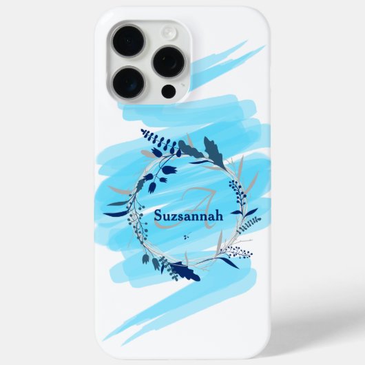 カスタムネームモノグラム水彩ブルーリース Case-Mate iPhoneケース (裏面)