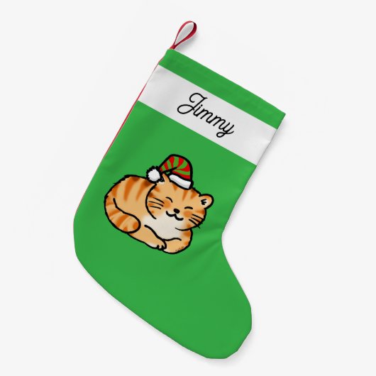 カスタムネーム入りのかわいいジンジャータビー猫 スモールクリスマスストッキング (正面 (吊り時))