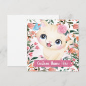 カスタムネーム入りキュートな猫とピンクのバラの花 (正面/裏面)