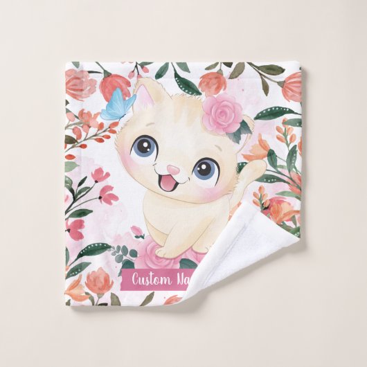 カスタムネーム入りキュートな猫とピンクのバラの花 ウォッシュタオル (ウォッシュタオル)
