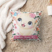 カスタムネーム入りキュートな猫とピンクのバラの花 クッション (ブランケット)