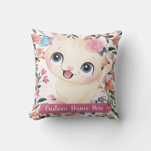 カスタムネーム入りキュートな猫とピンクのバラの花 クッション (正面)
