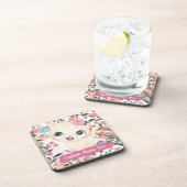 カスタムネーム入りキュートな猫とピンクのバラの花 コースター (右側)