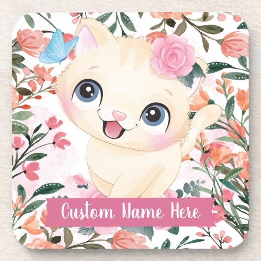 カスタムネーム入りキュートな猫とピンクのバラの花 コースター (正面)