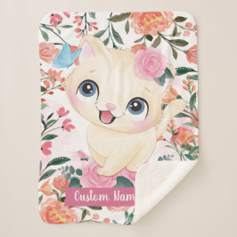 カスタムネーム入りキュートな猫とピンクのバラの花 シェルパブランケット