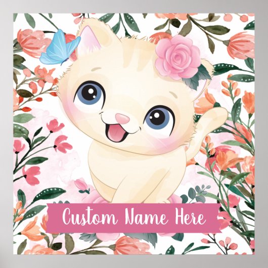 カスタムネーム入りキュートな猫とピンクのバラの花 ポスター (正面)