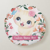 カスタムネーム入りキュートな猫とピンクのバラの花 ラウンドクッション (裏面)