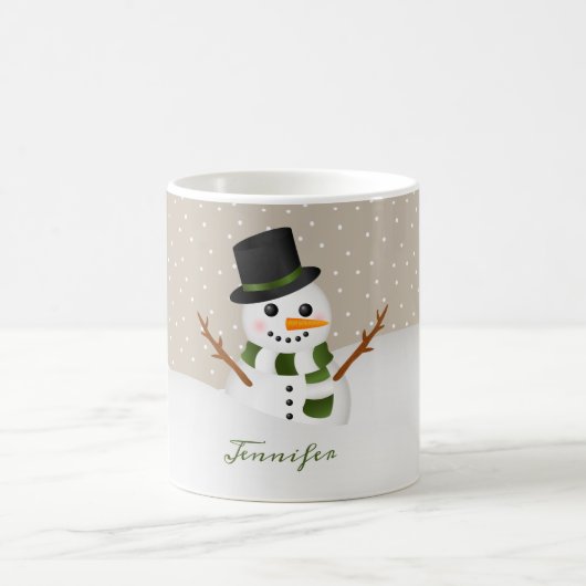 カスタムネーム入りクリスマスの可愛い雪だるま コーヒーマグカップ (中央)