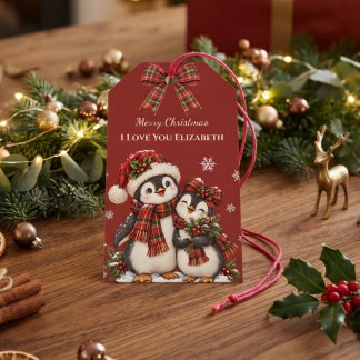 カスタムネーム入りクリスマスの赤格子柄ペンギンI Love Youギフトタグ ギフトタグ