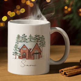 カスタムネーム入りクリスマスコテージ コーヒーマグカップ
