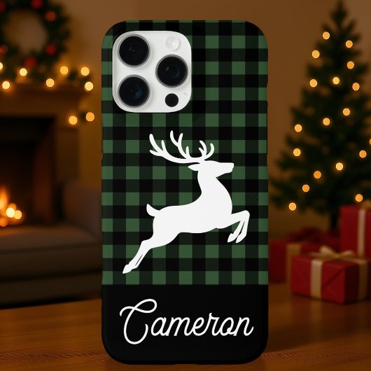 カスタムネーム入りグリーン&ブラック・タータンチェック柄+トナカイ Case-Mate iPhoneケース