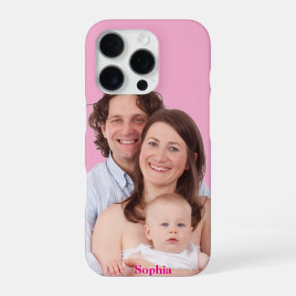 カスタムネーム入りピンクの家族写真 iPhone 16 PROケース