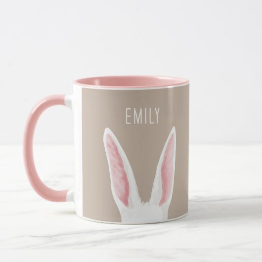 カスタムネーム入りベージュの水彩ウサギの耳 マグカップ (左)
