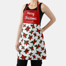 カスタムネーム入りメリークリスマス・赤い花のポインセチア エプロン
