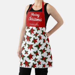 カスタムネーム入りメリークリスマス・赤い花のポインセチア エプロン