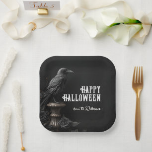 カスタムネーム入りレイヴン＆ブラックローズ ゴシックハロウィン ペーパープレート