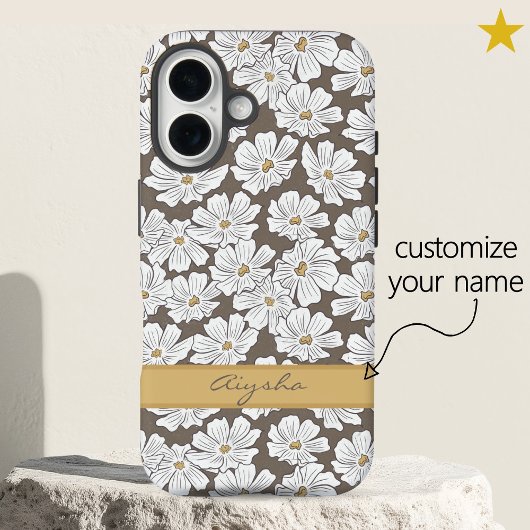 カスタムネーム入りレトロホワイトフラワースケッチ イエロー グレー Case-Mate iPhoneケース