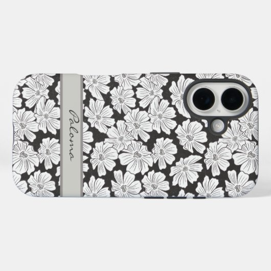 カスタムネーム入りレトロホワイトフラワースケッチ ブラック グレー Case-Mate iPhoneケース (裏面 (横))