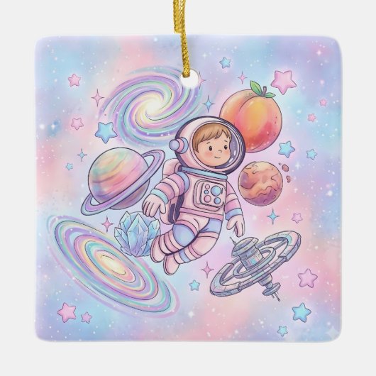 カスタムネーム入り宇宙飛行士少年スペースギャラクシー セラミックオーナメント (正面)