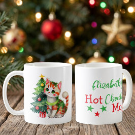 カスタムネーム入り猫の緑と赤のホットチョコレートマグカップ コーヒーマグカップ