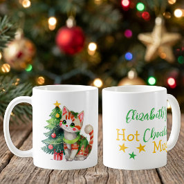 カスタムネーム入り猫グリーンイエローホットチョコレートマグカップ コーヒーマグカップ