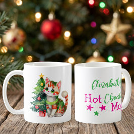 カスタムネーム入り猫グリーンピンクホットチョコレート  コーヒーマグカップ