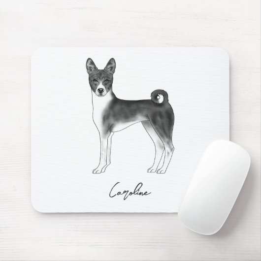 カスタムネーム入り黒白のバセンジー犬 マウスパッド (マウス)