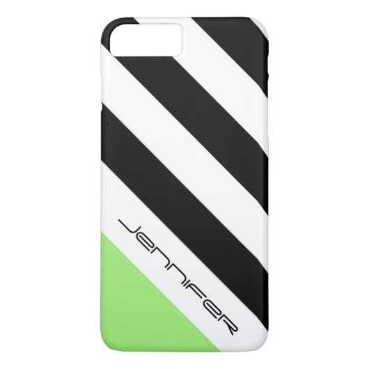 カスタムネーム入り黒白ネオン緑ストライプ Case-Mate iPhoneケース (裏面)