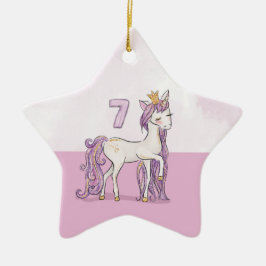 カスタムネーム入り7歳の誕生日ピンクの馬と王冠 セラミックオーナメント