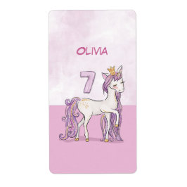 カスタムネーム入り7歳の誕生日ピンクの馬と王冠 ラベル