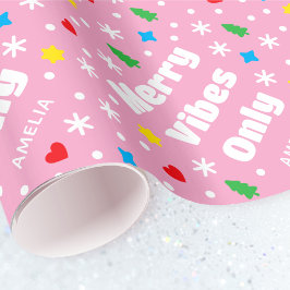 カスタムネーム入り ホリデー リトロピンク クリスマス ラッピングペーパー
