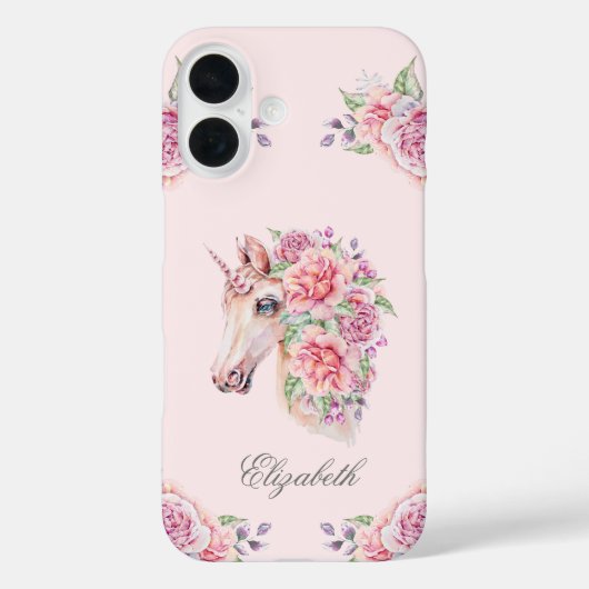 カスタムネーム入り 牧歌的な水彩画風の花とユニコーンの女の子 Case-Mate iPhoneケース (裏面)