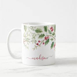 カスタムネーム入り Holly Berry クリスマス ホリデー コーヒーマグカップ