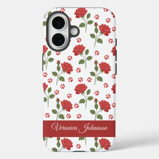 カスタムネーム赤いバラと肉球のフラワープリント Case-Mate iPhoneケース (裏面)