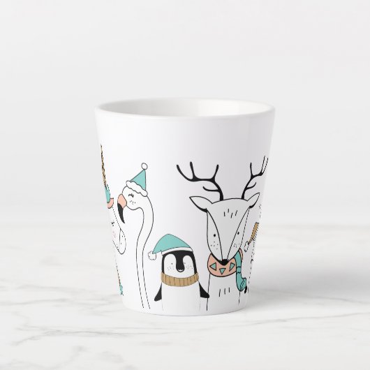 カスタムネーム かわいいクリスマス 動物たち カフェラテマグ (正面)