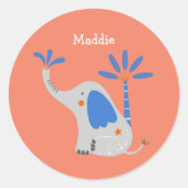 カスタムネーム かわいいゾウの親子とパームツリー ブルースクエア ラウンドシール (正面)