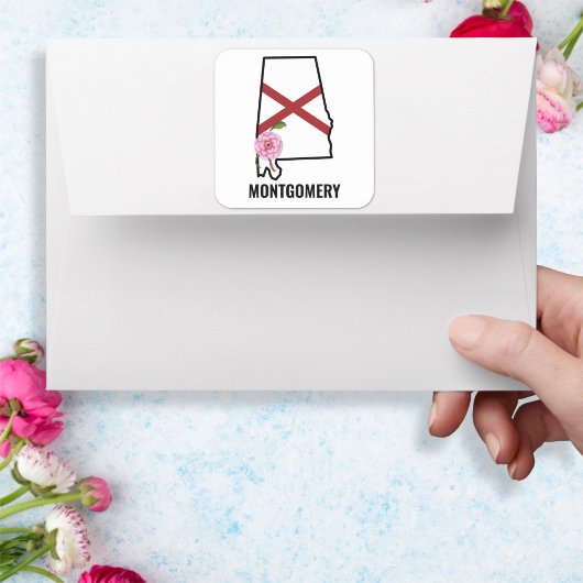 カスタムネーム アラバマ州旗と州花 カメリア スクエアシール