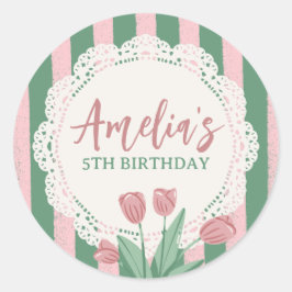 カスタムネーム コケッティ ピンク ボウ ヴィンテージ フローラル ラウンドシール