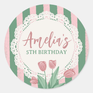 カスタムネーム コケッティ ピンク ボウ ヴィンテージ フローラル ラウンドシール