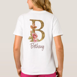 カスタムネーム ゴールドフォイル ブルッシュピンクのバラ 文字B Tシャツ