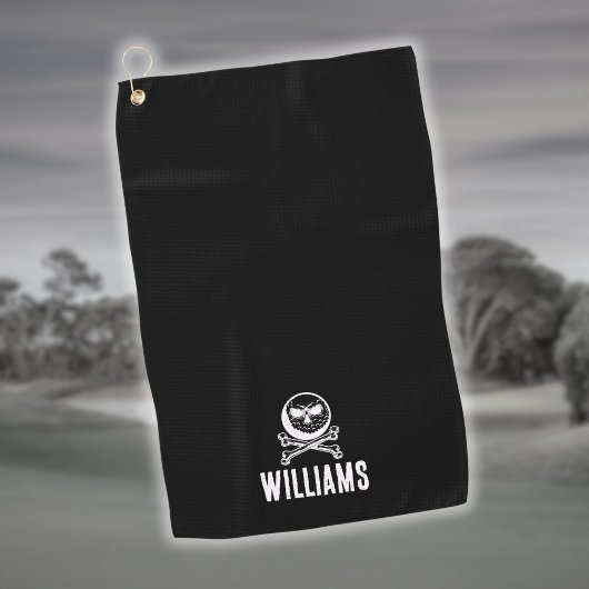 カスタムネーム スカル ゴルフボールとクロスボーンズ ゴルフタオル